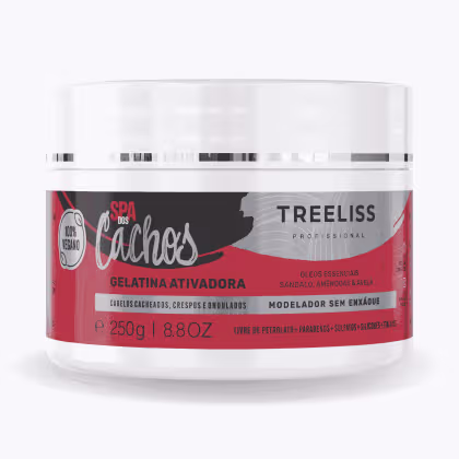 Produto de modelagem capilar TreeLiss Profissional, gelatina ativadora para cabelos cacheados, crespos e ondulados. Rótulo vermelho e preto com o nome "Cachos" e informações do produto em português, como "Gelatina Ativadora". Peso de 250g