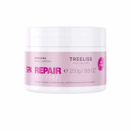 Máscara de tratamento capilar Spa Repair da linha Metal Control da marca TreeLiss Profissional. Rótulo rosa com texto descrevendo o produto como uma máscara de 250g para reparação capilar, contendo carvão ativado, ácido málico e extração de metais pesados