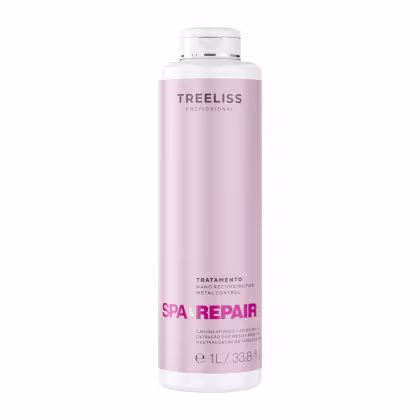 Produto de tratamento capilar Spa Repair da marca TreeLiss Profissional. Frasco cilíndrico de 1L na cor rosa claro. Rótulo com o nome do produto "Spa Repair" em letras grandes e descrição "Tratamento Nano Reconstrutivo Metal Control" em letras menores.