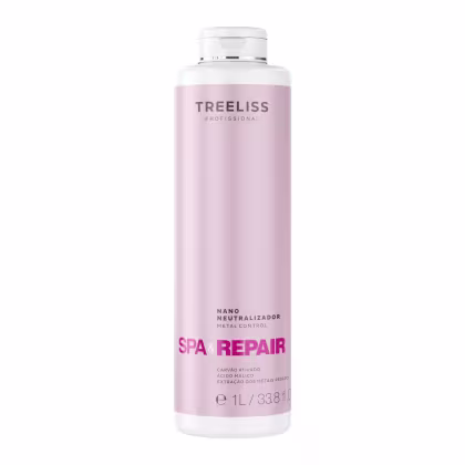 Produto de tratamento capilar Spa Repair da linha TreeLiss Profissional. Frasco de 1L. Rótulo com o nome "Nano Neutralizador Metal Control Spa Repair" e a descrição "Carvão Ativado, Extração dos Metais Pesados" em letras pretas.