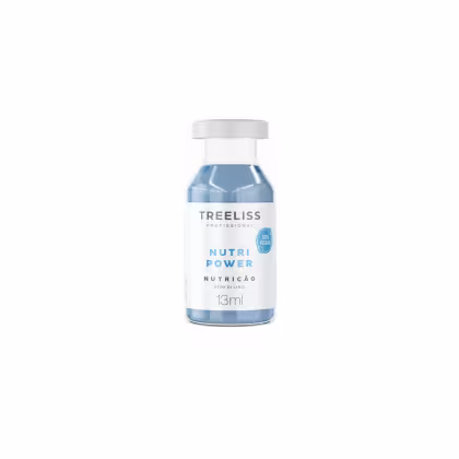 Frasco de ampola capilar tem uma tampa branca e um rótulo com o texto "TREELISS PROFISSIONAL Nutri Power Nutrição Semi di Lino 13ml". Apresenta um design simples e minimalista, com o foco no produto e na marca.