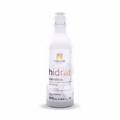 Shampoo hidratante da linha Hidrat da marca TreeLiss Profissional. Rótulo frontal com o nome do produto "hidrat mandioca" em letras marrons e o logotipo da marca em laranja. A capacidade do frasco é de 500ml.