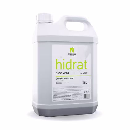Condicionador Hidrat Aloe Vera da marca TreeLiss Profissional. Embalagem de 5 litros. Rótulo frontal com o logotipo da marca em verde e o nome do produto "hidrat aloe vera" em letras minúsculas verdes.