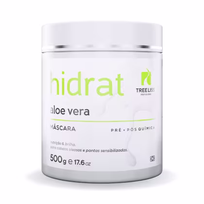 Produto de tratamento capilar da linha Hidrat da marca TreeLiss Profissional. Embalagem plástica branca opaca com tampa prateada. Rótulo com o nome "hidrat" em letras verdes e "aloe vera" abaixo.