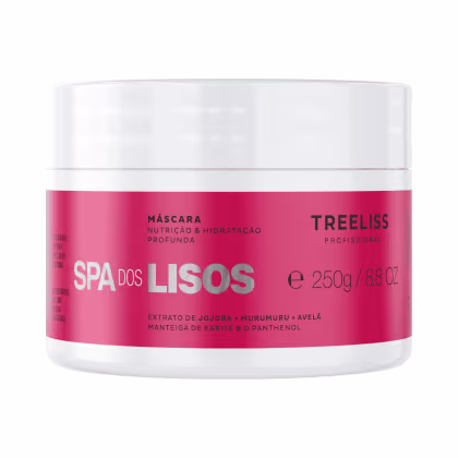 Máscara de tratamento capilar Spa dos Lisos da marca TreeLiss Profissional. Embalagem plástica transparente com tampa branca, contendo 250g/8.8oz de produto. Rótulo vermelho com texto branco "Spa dos Lisos" e detalhes dos ingredientes.