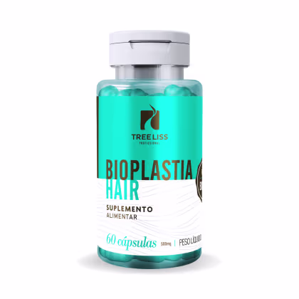 Suplemento alimentar Bioplastia Hair da marca TreeLiss Profissional. Frasco plástico transparente contendo cápsulas azul-turquesa. Rótulo branco com texto preto "Bioplastia Hair" e detalhes do produto.