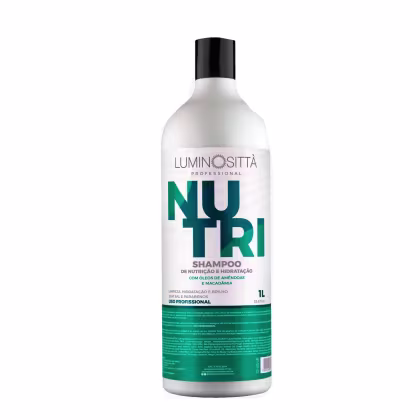 Imagem do shampoo Nutri. Trata-se de uma embalagem branca, com detalhes em azul