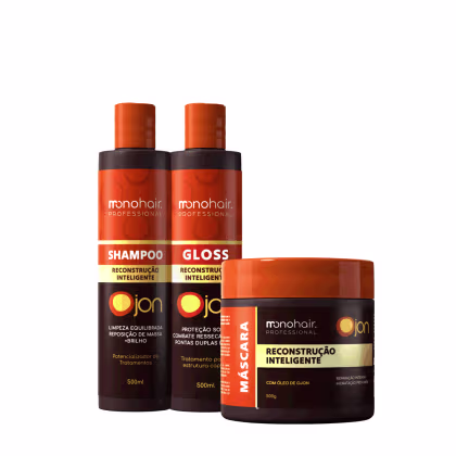 Kit com shampoo, máscara e gloss capilar de Monohair Professional da linha Ojon Reconstrução Inteligente.