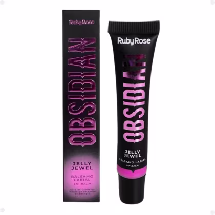 Bálsamo labial de Ruby Rose. Uma embalagem tubular preta com o nome "Ruby Rose" e "Jelly Jewel" em letras rosa metálico. Ao lado, uma caixa retangular preta com o logotipo "Ruby Rose" e o texto "Jelly Jewel Balsamo Labial" em rosa metálico.