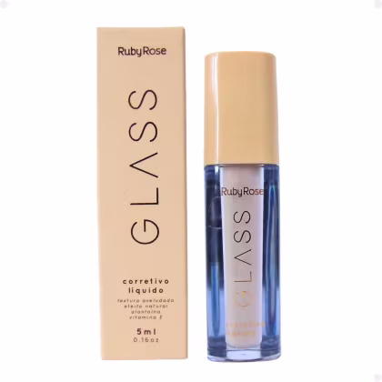 Corretivo líquido Ruby Rose. A embalagem é um frasco de vidro com tampa e um rótulo bege com o nome da marca e a descrição "corretivo líquido" impressos. O frasco está posicionado ao lado de uma caixa bege com o nome da marca e a descrição do produto.