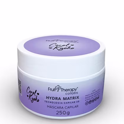 A imagem mostra um produto de tratamento capilar hidratante. O pote de 250g é branco com detalhes na cor lilás claro.