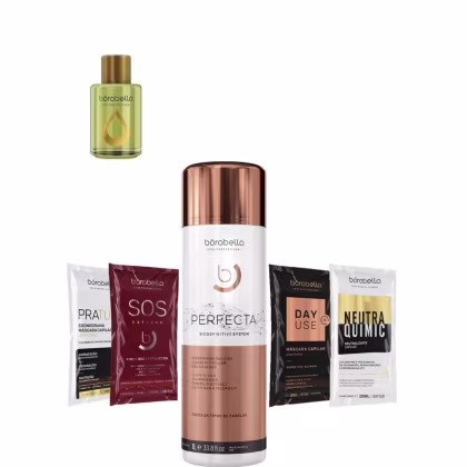 Kit com escova progressiva Perfecta, reparador de pontas Argan e sachês, da marca Borabella.