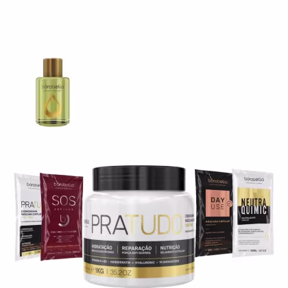 Kit com máscara Pra Tudo, reparador de pontas Argan e sachês, da marca Borabella.