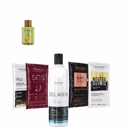 Kit com escova semidefinitiva Selagem 3D, reparador de pontas Argan e sachês, da marca Borabella.