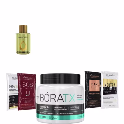 Kit com máscara de realinhamento BóraTX, reparador de pontas Argan e sachês, da marca Borabella.