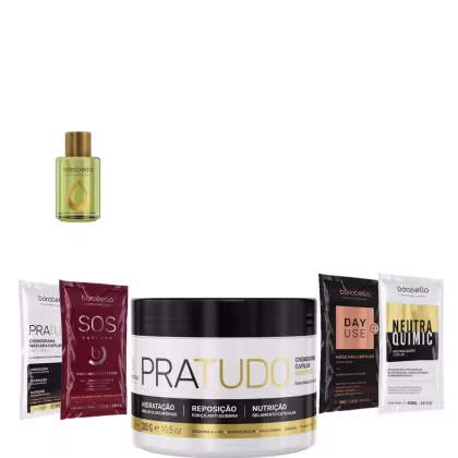 Kit com máscara Pra Tudo, reparador de pontas Argan e sachês, da marca Borabella.