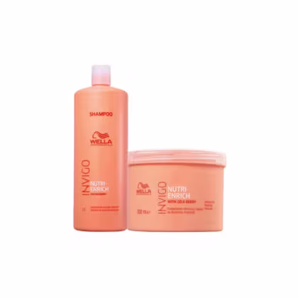 Shampoo e tratamento intensivo Wella Professionals Invigo Nutri-Enrich, em embalagens de plástico laranja com rótulos destacados. O shampoo possui 500 ml e o tratamento 500 g, ambos com fórmula enriquecida com goji berry.