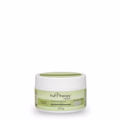 A imagem mostra a máscara de reconstrução da linha Fruit Therapy Vegan Lima da Pérsia Controle da Oleosidade. Ela é embalada em um pote plástico branco de 250g. O rótulo tem um fundo esverdeado e destaca os benefícios do produto.