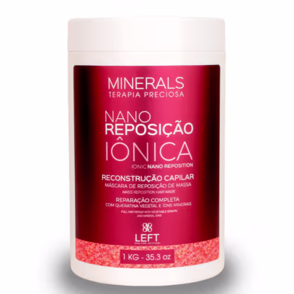 A imagem traz a máscara de tratamento da linha Minerals Terapia Preciosa Nano Reposição Iônica. O produto vem em um pote de 1kgg feito de plástico branco com rótulo vermelho, e promete reparação completa dos cabelos com queratina vegetal e íons minerais.