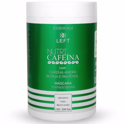 A imagem mostra um pote de 1kg da máscara fortalecedora para cabelos "Essenciale Nutri Cafeína". Traz uma embalagem branca com rótulo verde metalizado informando conter cafeína anidra, biotina e pantenol.