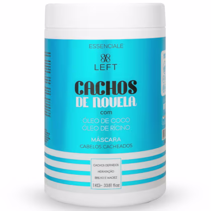 A imagem mostra um pote de 1kg da máscara reconstrutora para cabelos "Essenciale Cachos de Novela". Traz uma embalagem branca com rótulo azul claro informando conter óleo de coco e óleo de rícino.