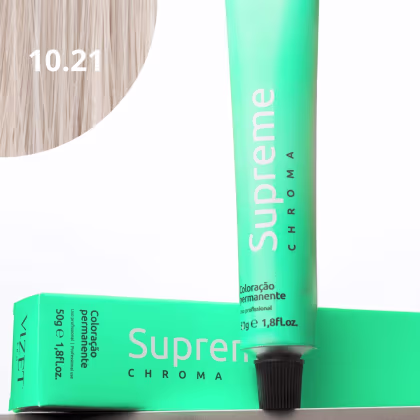 A imagem mostra a embalagem em tubo plástico verde claro com o nome da marca e produto impresso. Caixa retangular verde com detalhes do produto, incluindo a cor e o volume de 50g. No canto superior há uma pequena mecha com o tom da coloração.