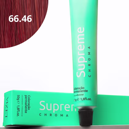 A imagem mostra a embalagem em tubo plástico verde claro com o nome da marca e produto impresso. Caixa retangular verde com detalhes do produto, incluindo a cor e o volume de 50g. No canto superior há uma pequena mecha com o tom da coloração.