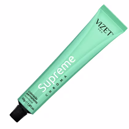 A imagem mostra uma embalagem tubular de plástico na cor verde menta. Rótulo com o nome "Supreme" em letras brancas maiúsculas e "Chroma" em letras menores abaixo.