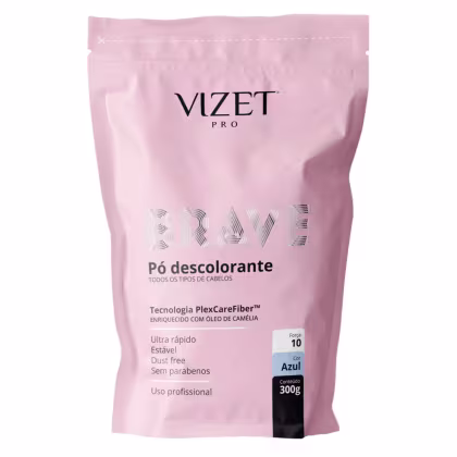 A imagem mostra o pó descolorante em uma embalagem plástica rosa com o logotipo Vizet Pro em preto.