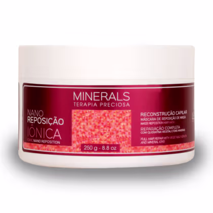 A imagem traz a máscara de tratamento da linha Minerals Terapia Preciosa Nano Reposição Iônica. O produto vem em um pote de 250g feito de plástico branco com rótulo vermelho, e promete reparação completa dos cabelos com queratina vegetal e íons minerais.