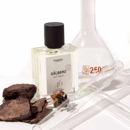 Perfume Viking Gálbano em frasco transparente com tampa preta. Rótulo com o nome do perfume "Gálbano" e número "46". Pedaços de resina ou madeira seca ao lado do frasco, um deles com pequenas sementes ou frutos.