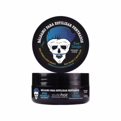 Bálsamo para estilizar penteados da marca Muriel, com embalagem preta e azul, contendo informações sobre a fórmula e design inovador. O rótulo apresenta um design gráfico com um crânio estilizado.