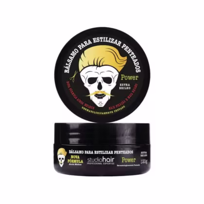 Bálsamo para estilizar penteados da marca Muriel com fórmula Power, embalagem preta e amarela, com logotipo de caveira e texto em espanhol.