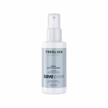 Spray revitalizador SaveGray da linha TreeLiss Profissional. Embalagem plástica transparente com spray dosador. Rótulo branco com texto preto "TreeLiss Profissional" e detalhes do produto.