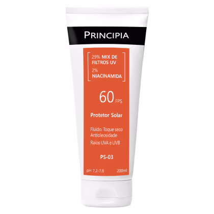 Protetor solar fluido com FPS 60, embalagem plástica branca e laranja. Contém 29% de filtros UV e 2% de niacinamida. Produto antioleosidade, com toque seco. Protege contra raios UVA e UVB.