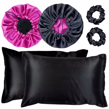 Kit Bemart Fronha Touca e Xuxinhas Cetim Preto e Pink (6 Produtos).