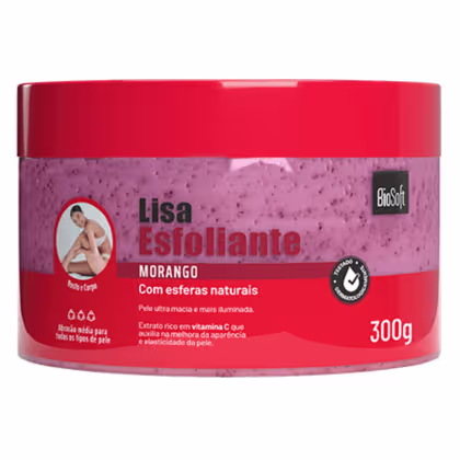 Embalagem vermelha de 300g contendo esfoliante corporal de morango da marca Bio Soft, com informações sobre os benefícios do produto e sua composição com esferas naturais.
