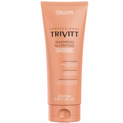O produto é um shampoo nutritivo da marca Itallian Hairtech, em um tubo de 250ml com embalagem laranja e branca. O rótulo destaca o nome "TRIVITT" e menciona que o produto é rico em vitamina C e possui proteção antioxidante.