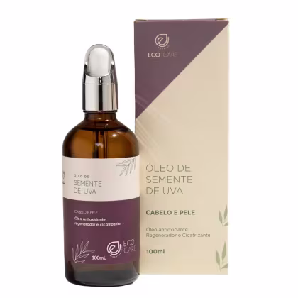 Óleo de semente de uva Eco Care, produto de cuidado capilar e pele. Frasco de 100ml. Caixa retangular marrom e bege, com detalhes de folhas estilizadas.. Embalagem com design minimalista e tons terrosos, transmitindo uma estética natural e sustentável.