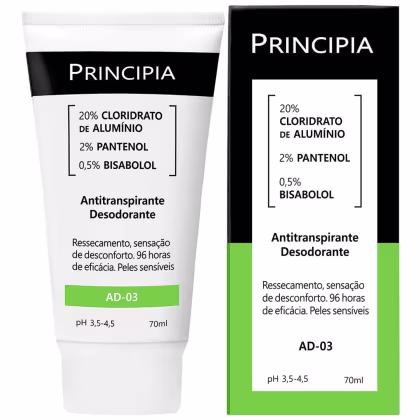 Antitranspirante desodorante em tubo de 70ml. Embalagem preta e branca com informações sobre os ingredientes: 20% cloridrato de alumínio, 2% pantenol e 0,5% bisabolol