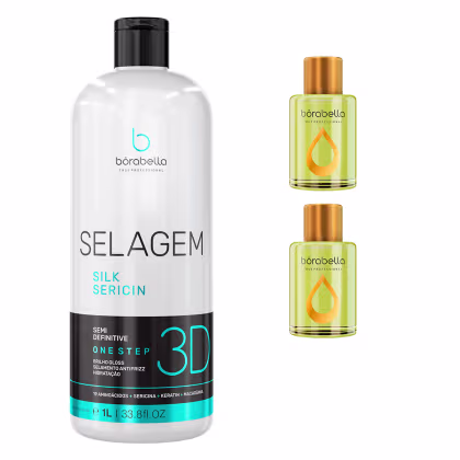 Kit Borabella Selagem Silk Sericin + Óleo de Argan e Macadâmia, 3 produtos.