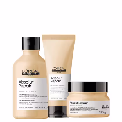 Kit L'Oréal Professionnel Serie Expert Absolut Repair Gold Quinoa + Protein Trio Basic, 3 produtos.