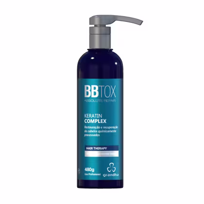 Frasco de 480g do tratamento capilar Bb Tox Absolute Repair da Grandha, com bomba dosadora, em embalagem azul e preta, destacando o "Keratin Complex" como principal benefício.