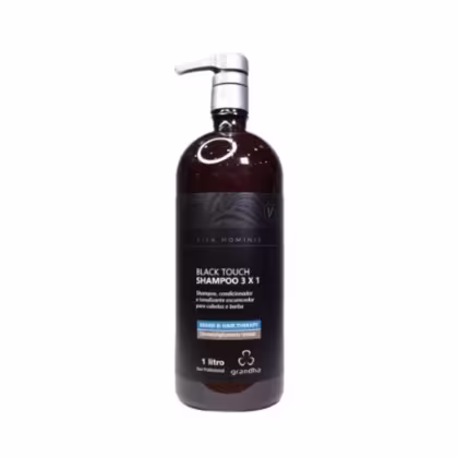 Frasco de shampoo Grandha Black Touch, com 1 litro de capacidade, embalagem preta com detalhes em branco, contendo informações sobre o produto como "Shampoo 3x1" e "Hard & Hair Therapy".
