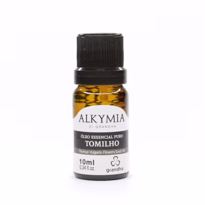 Frasco de óleo essencial puro de tomilho da marca Alkymia di Grandha, com 10ml de volume. O rótulo apresenta o nome do produto em destaque, com informações sobre a composição e a marca.