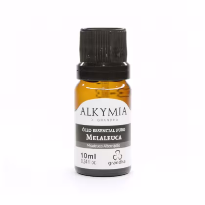 Frasco de óleo essencial de melaleuca da marca Grandha, com 10ml de conteúdo.