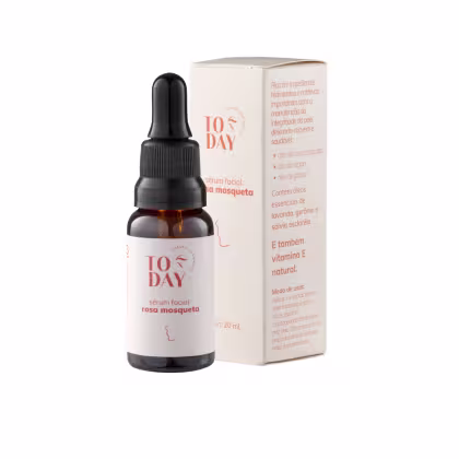 O produto apresentado é um sérum facial da marca Today. Consiste em um frasco âmbar com um conta-gotas preto na tampa e uma caixa retangular de papelão na cor bege com letras vermelhas.  O frasco contém 20ml do sérum