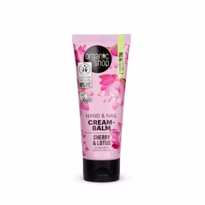 A imagem mostra o creme para mãos em tubo plástico com tampa preta. Predominam as cores rosa e branca na embalagem.