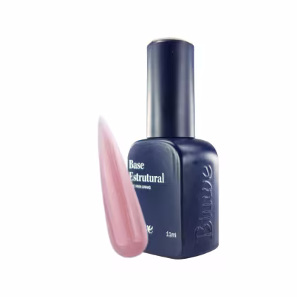 A imagem mostra a Base Estrutural da marca Bluwe, em frasco azul marinho com tampa protetora. Rótulo indicando "Base Estrutural" e volume de 11ml. Ao lado, uma amostra do produto na cor rosa claro, mostrando a textura gel.