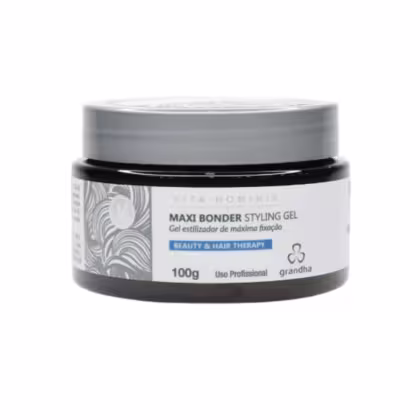 Maxi Bonder Styling Gel, embalagem preta e branca, 100g, produto da linha Beauty & Hair Therapy da marca Grandha, com texto informativo sobre o uso profissional do gel estilizador de máxima fixação.